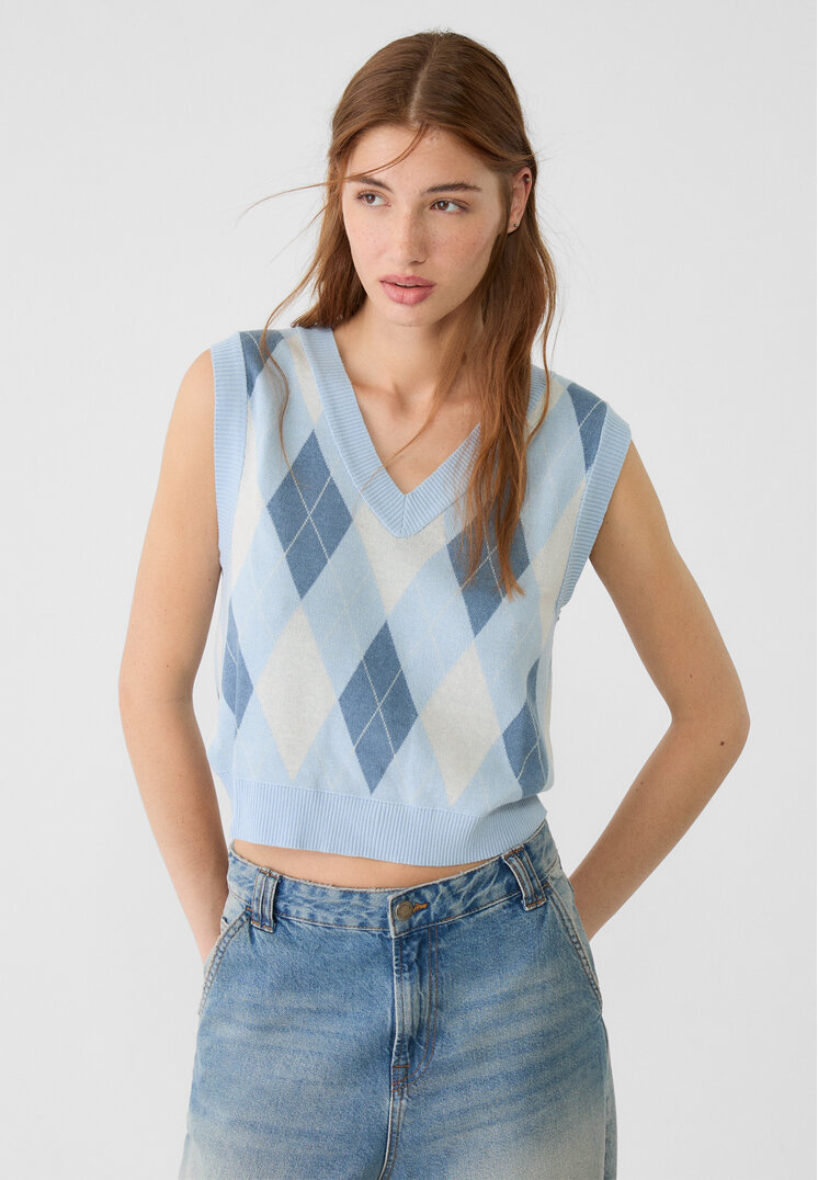 Stradivarius Vestă Tricot Romburi Azuriu L