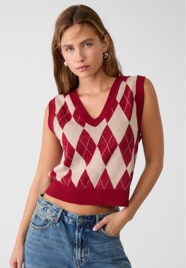 Stradivarius Vestă Tricot Romburi Grena S