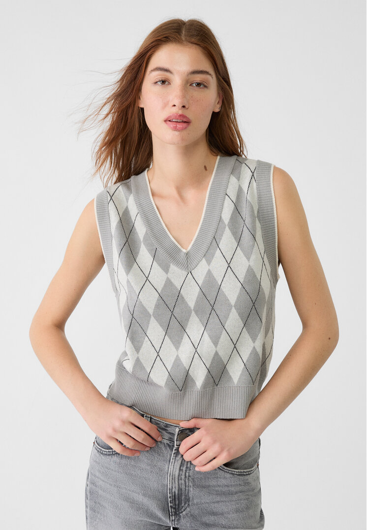 Stradivarius Vestă Tricot Romburi Gris Amestec S