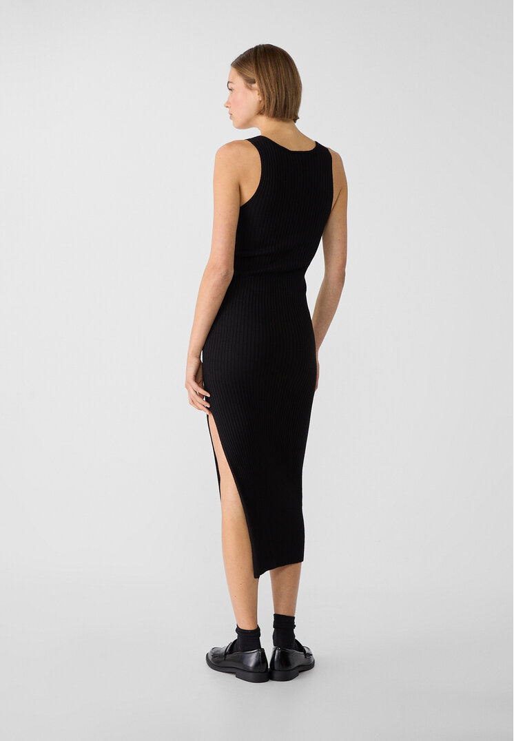 Stradivarius Long knit dress with V-neckline Black L