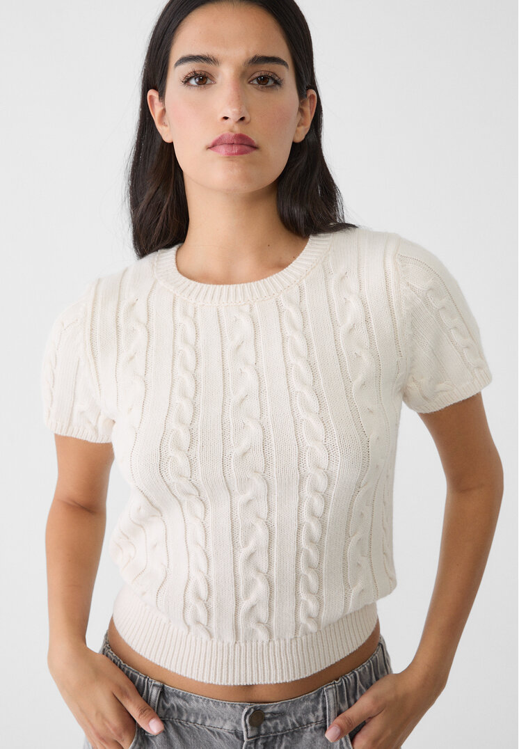 Stradivarius Pulover Din Tricot Împletit Cu Mânecă Scurtă Vanilie L