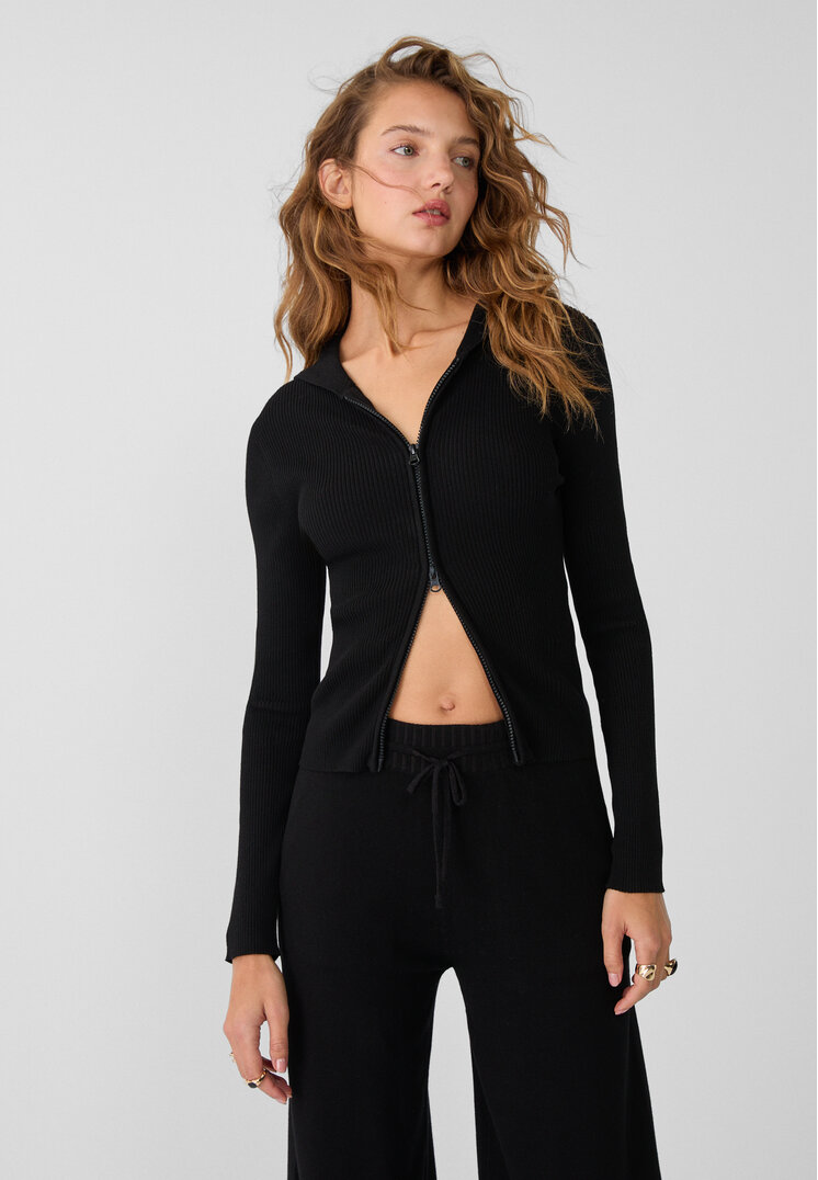 Stradivarius Jachetă Cu Fermoar Și Glugă Din Tricot Negru Xl