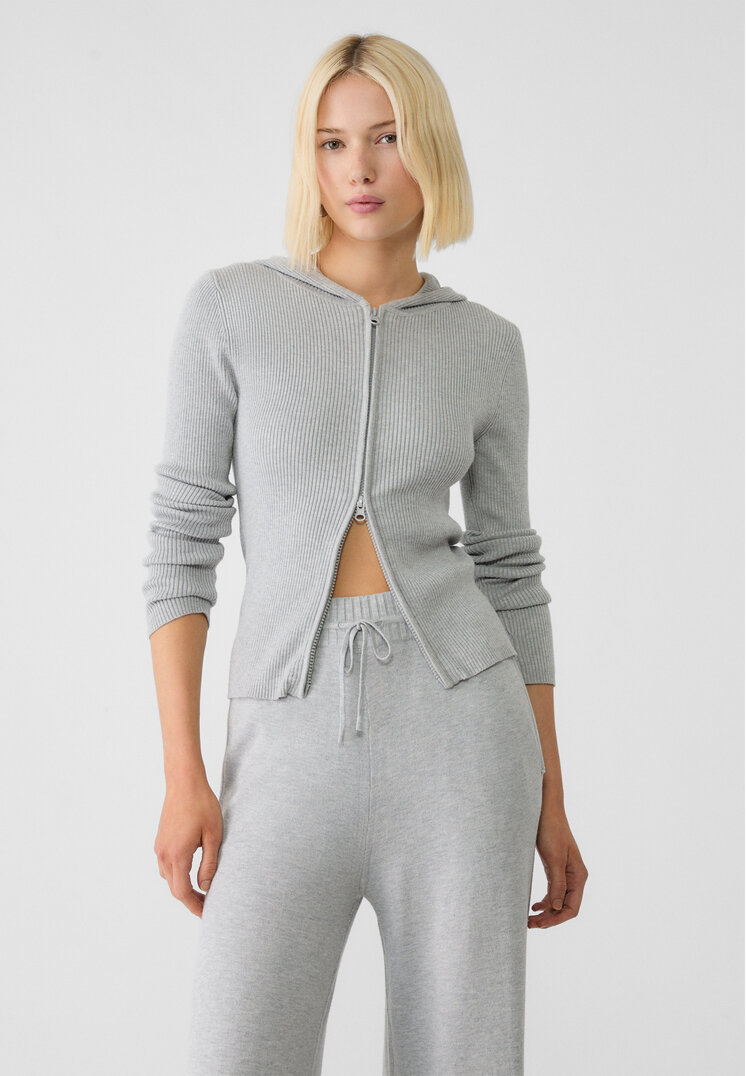 Stradivarius Jachetă Cu Fermoar Și Glugă Din Tricot Gris Amestec Xl