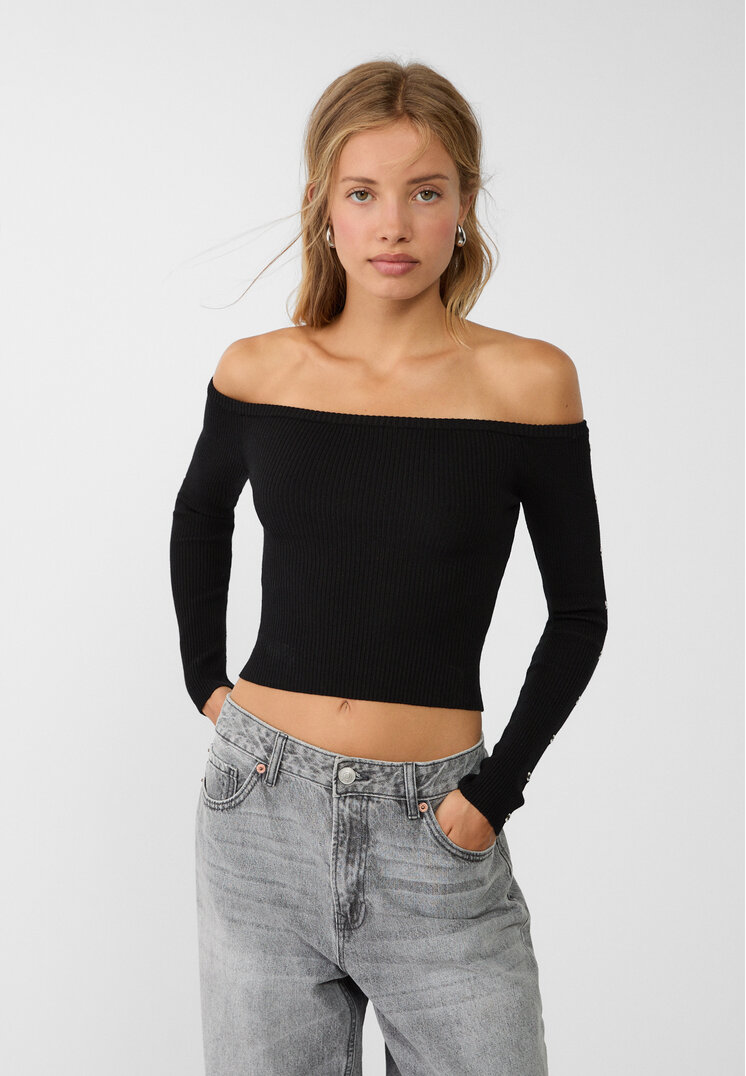 Stradivarius Pulover Din Tricot Cu Ocheți Negru L