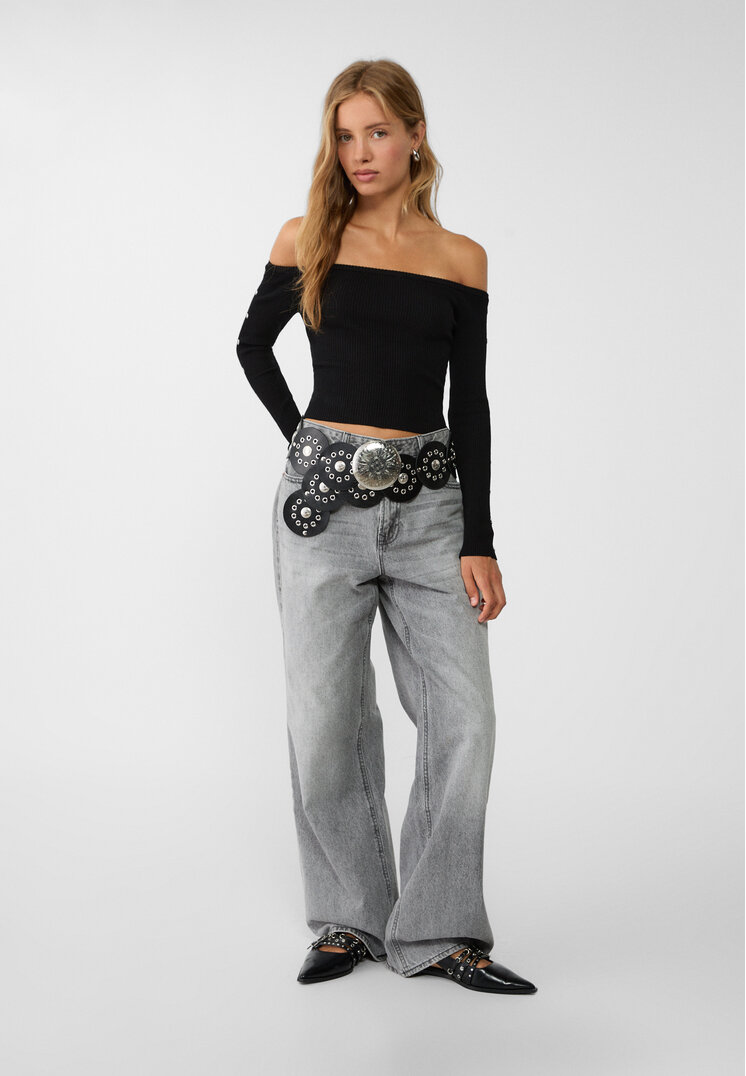 Stradivarius Knit sweater with eyelets  Black XS