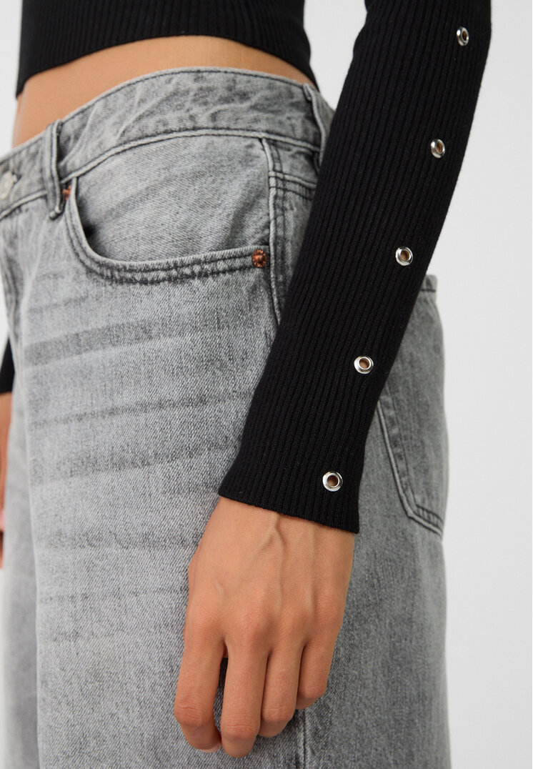 Stradivarius Knit sweater with eyelets  Black XS