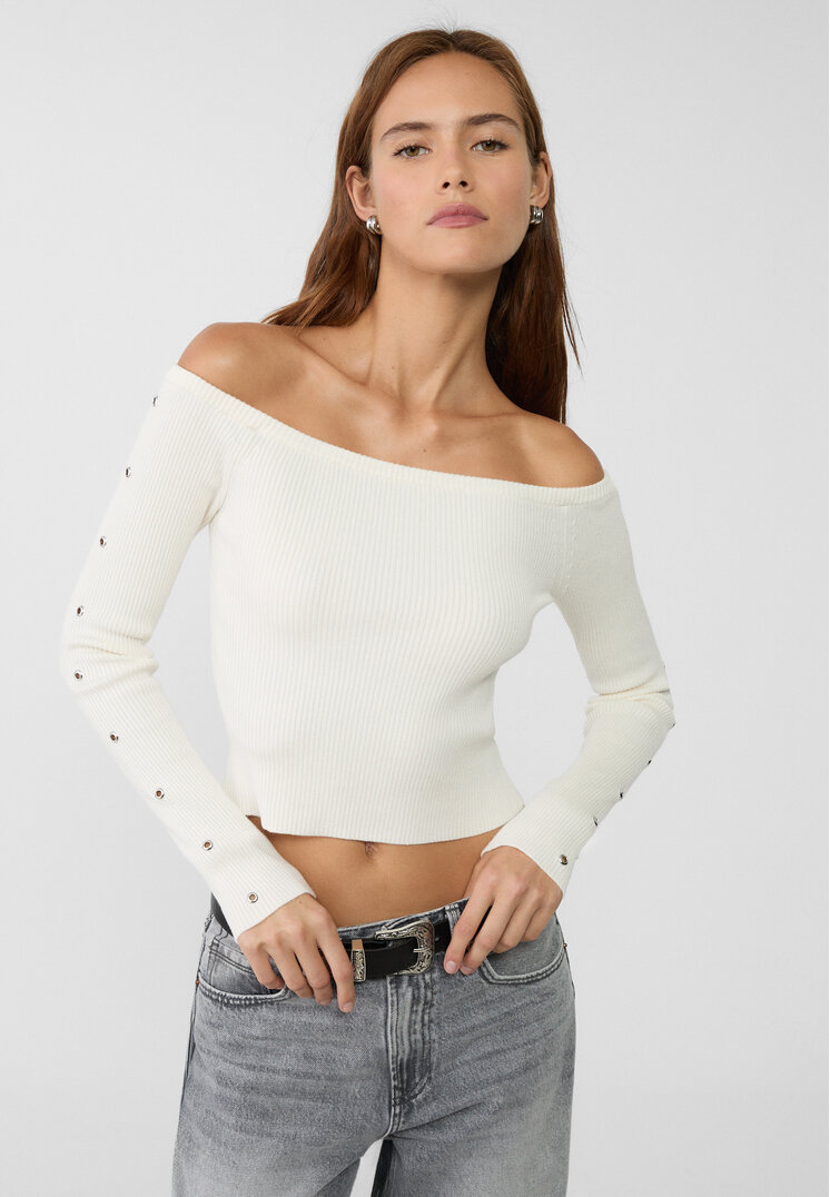 Stradivarius Pulover Din Tricot Cu Ocheți Ecru M