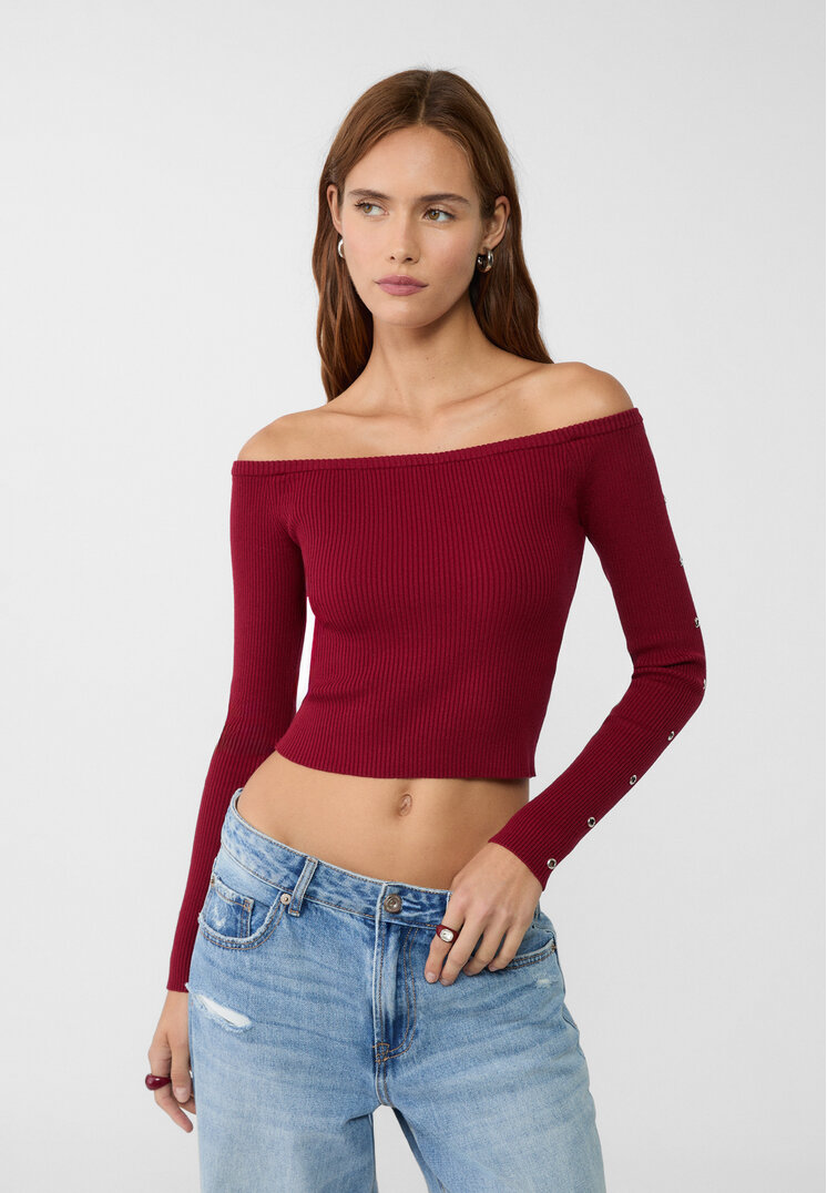 Stradivarius Pulover Din Tricot Cu Ocheți Grena S