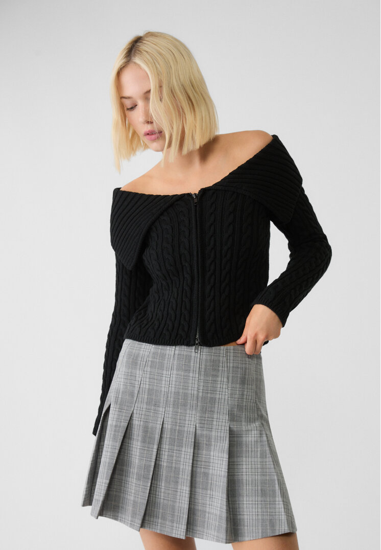 Stradivarius Jachetă Din Tricot Cu Torsade Și Fermoar Negru Xs