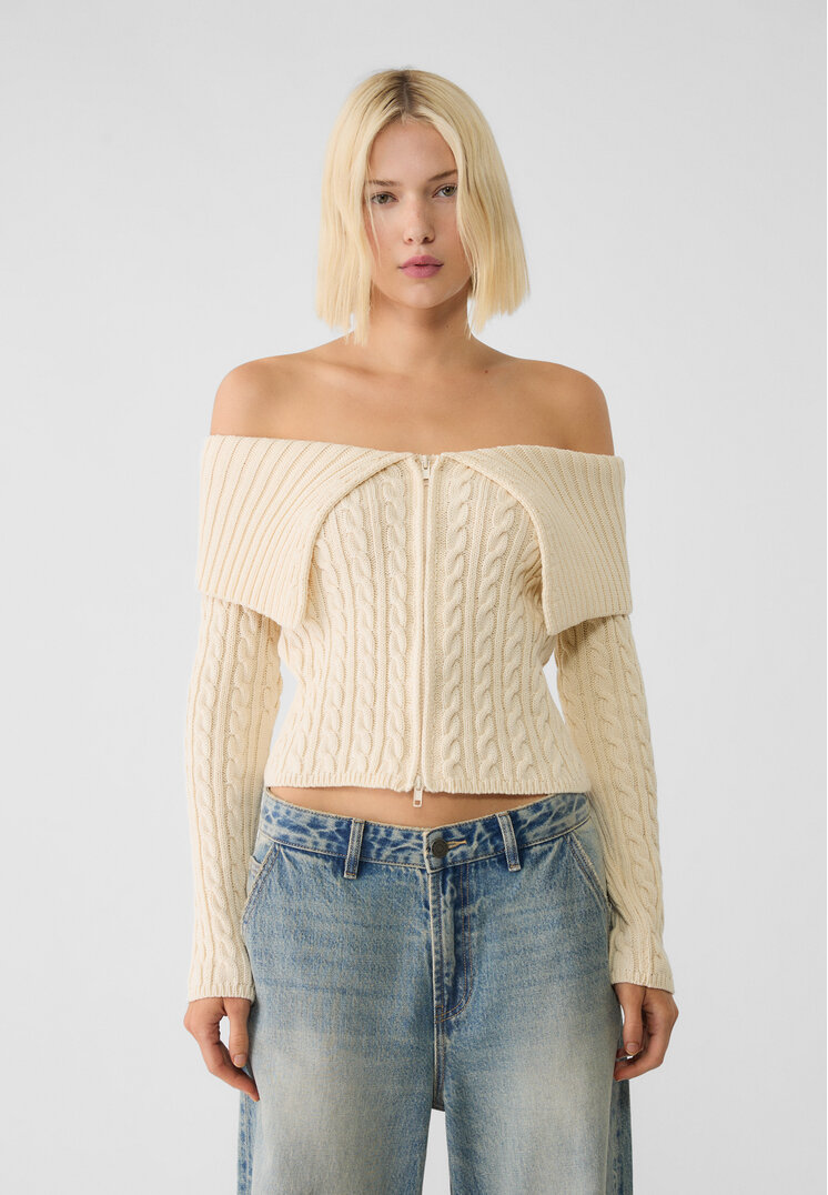 Stradivarius Jachetă Din Tricot Cu Torsade Și Fermoar Vanilie Xs