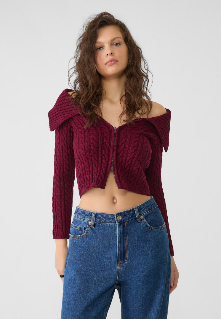 Stradivarius Jachetă Din Tricot Cu Torsade Și Fermoar Grena S