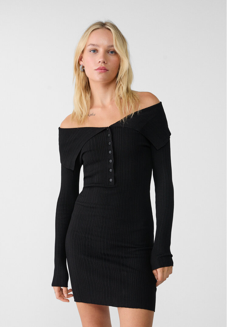 Stradivarius Rochie Mini Din Tricot Cu Decolteu Negru L