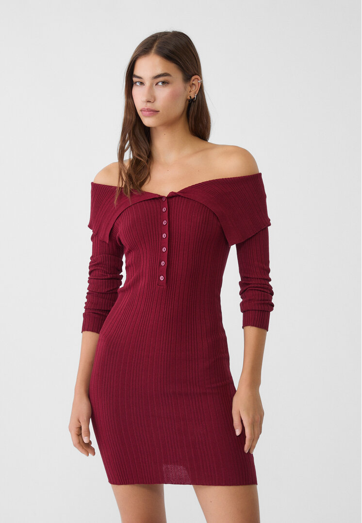 Stradivarius Rochie Mini Din Tricot Cu Decolteu Grena Xs