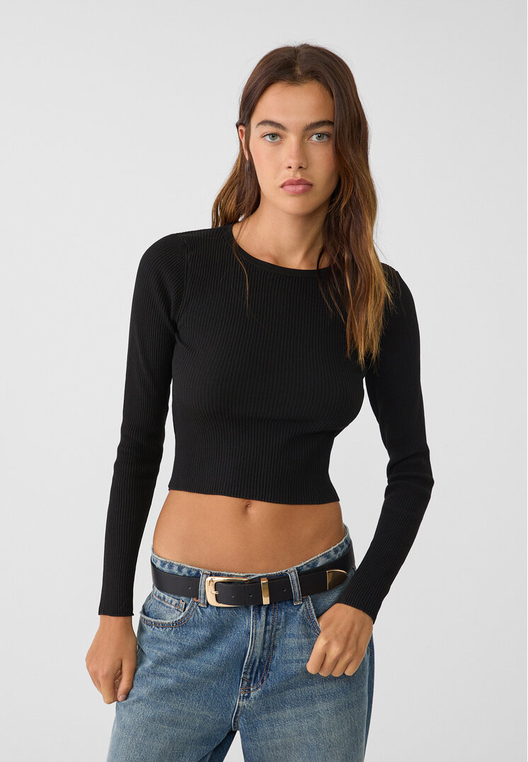 Stradivarius Pulover Din Tricot Cu Spatele Gol Negru Xs