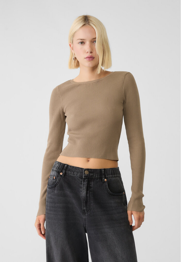 Stradivarius Pulover Din Tricot Cu Spatele Gol Bej M