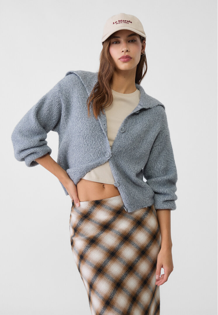 Stradivarius Jachetă Polo Din Tricot Cu Nasturi Gri Închis M