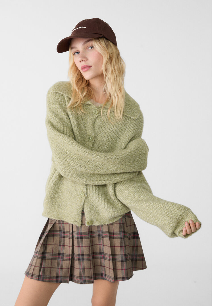 Stradivarius Jachetă Polo Din Tricot Cu Nasturi Verdes Fistic Xs