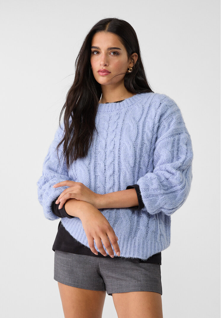 Stradivarius Pulover Din Tricot Împletit Azuriu L