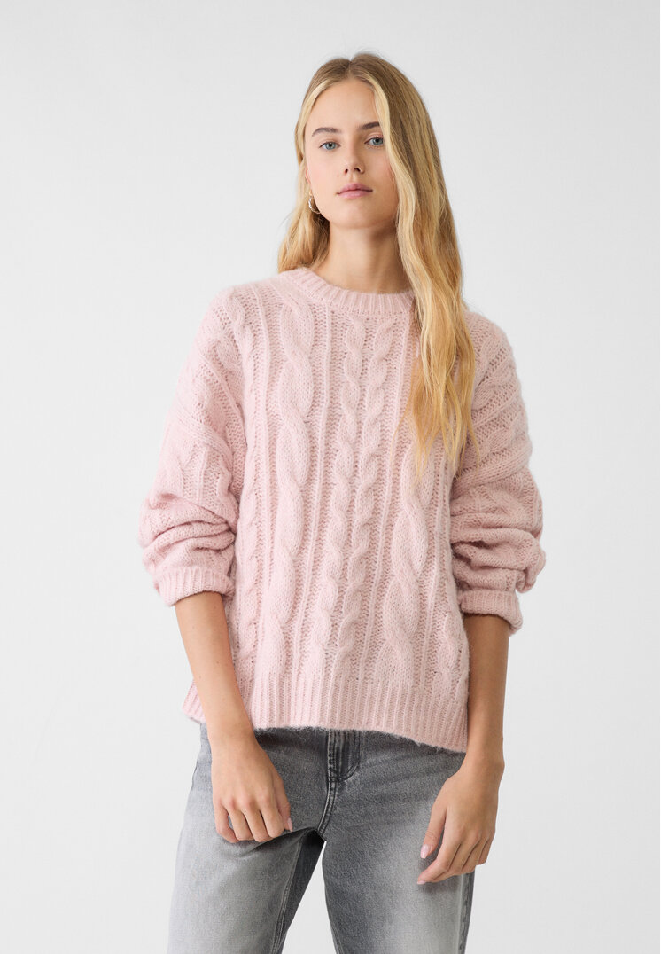 Stradivarius Pulover Din Tricot Împletit Roz Pastel S