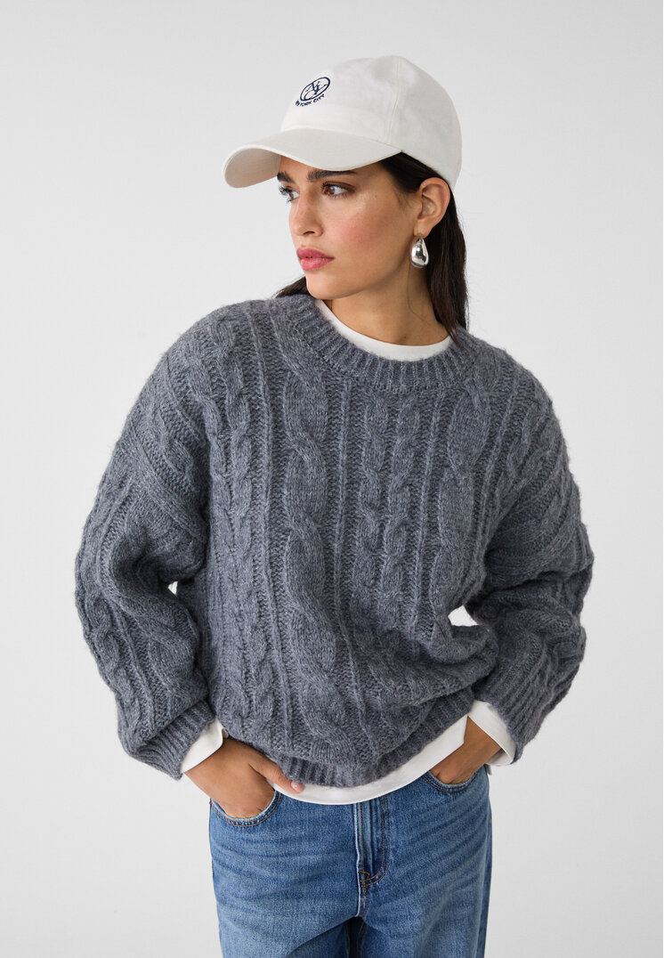 Stradivarius Pulover Din Tricot Împletit Gri Închis L