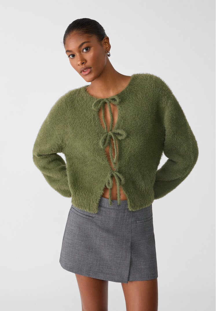 Stradivarius Jachetă Din Tricot Moale La Atingere Cu Funde M