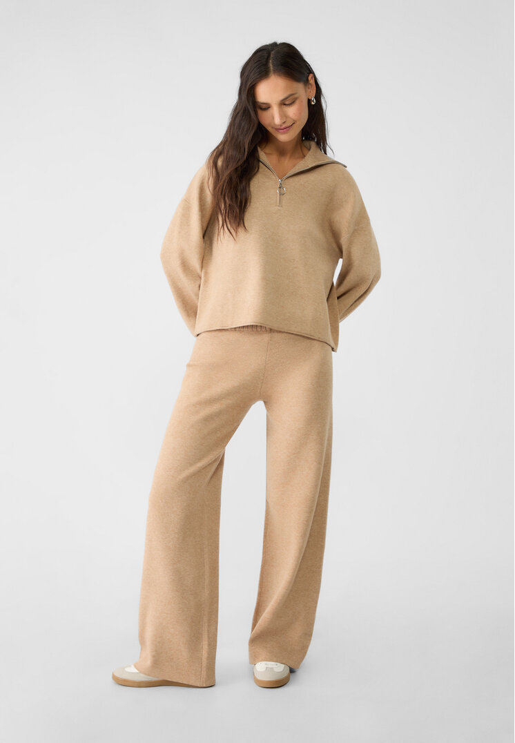 Stradivarius Pantaloni Largi Din Tricot Bej Melange L