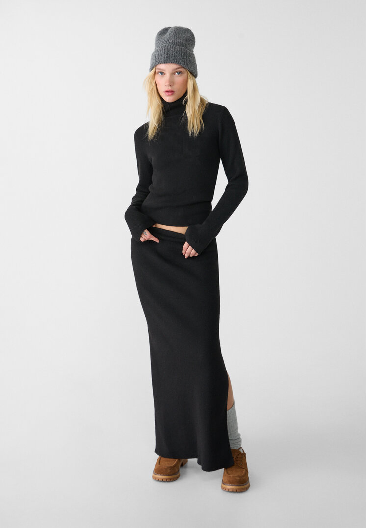 Stradivarius Fustă Creion Midi Din Tricot Negru M
