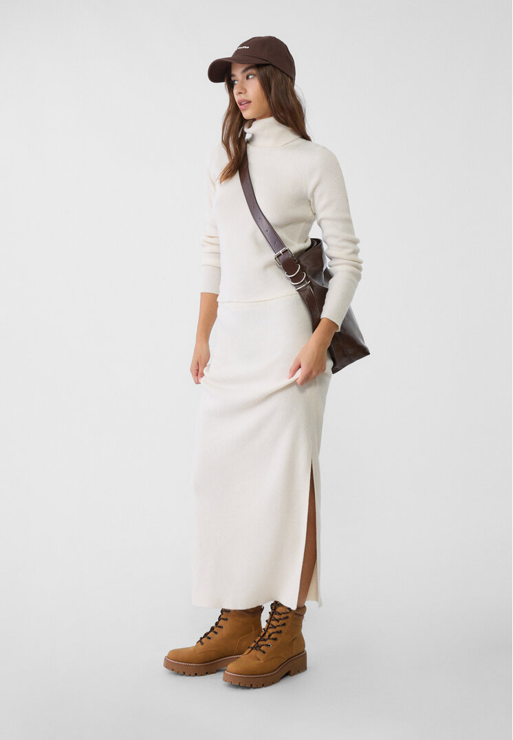 Stradivarius Fustă Creion Midi Din Tricot Ecru M