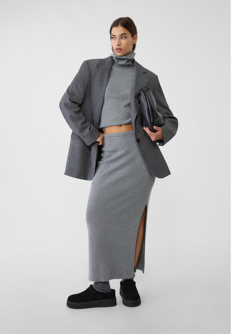 Stradivarius Fustă Creion Midi Din Tricot Gri Închis S