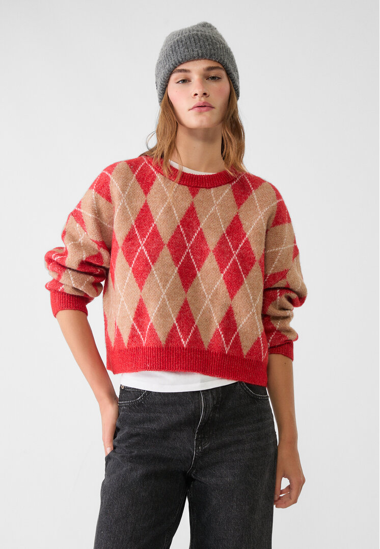 Stradivarius Pulover Scurt Din Tricou Cu Romburi Roșu S