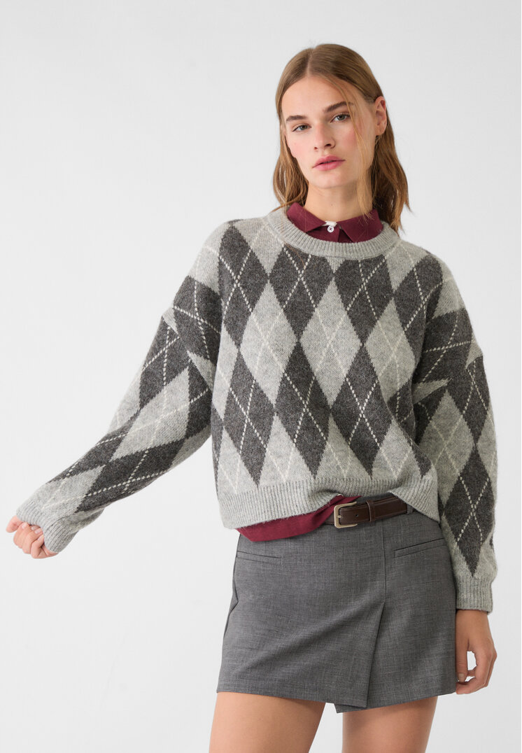 Stradivarius Pulover Scurt Din Tricou Cu Romburi Gris Amestec Xs