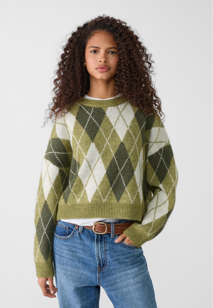 Stradivarius Pulover Scurt Din Tricou Cu Romburi Verde Măslină Xs