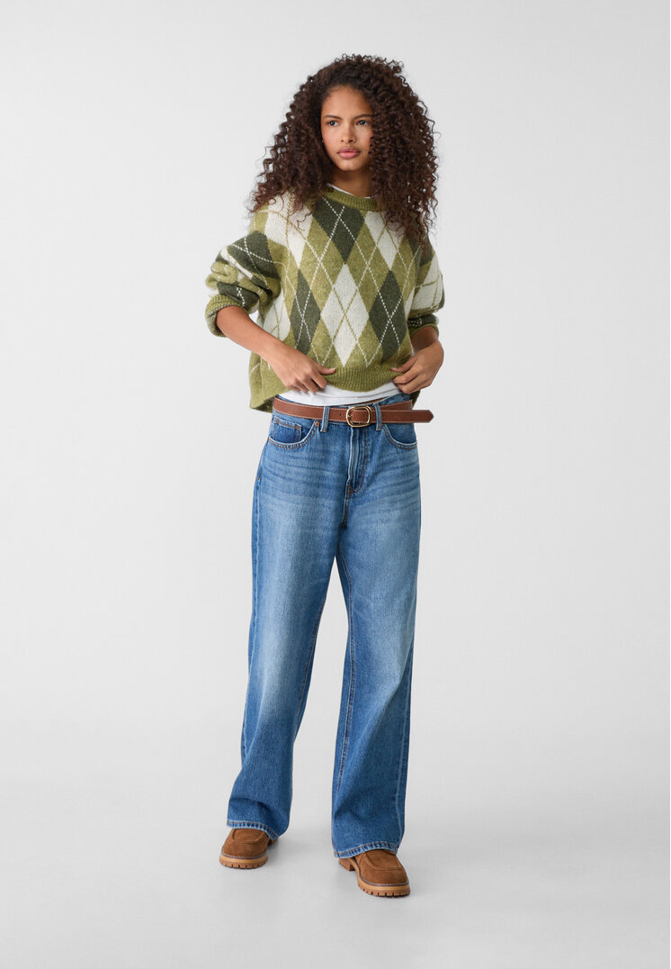 Stradivarius Cropped knit argyle sweater  Olive green XS