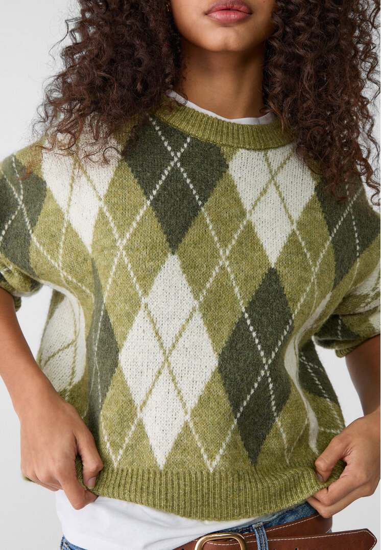 Stradivarius Cropped knit argyle sweater  Olive green XS