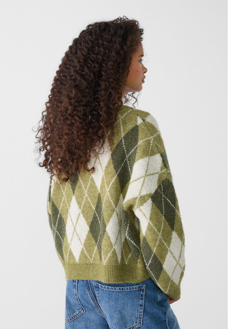 Stradivarius Cropped knit argyle sweater  Olive green XS