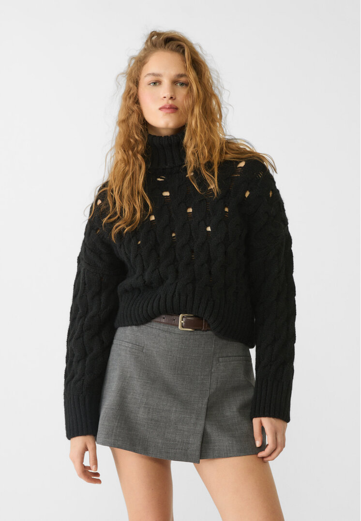 Stradivarius Pulover Scurt Din Tricou Cu Ajur Negru S