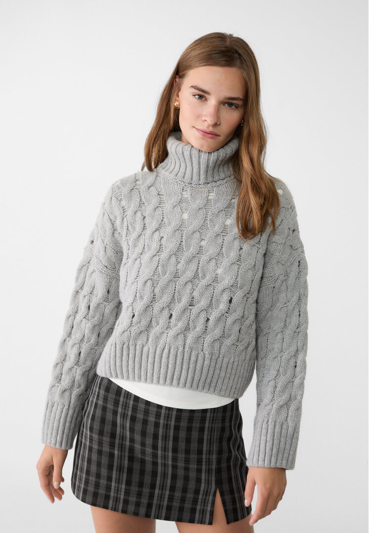 Stradivarius Pulover Scurt Din Tricou Cu Ajur Gris Amestec M
