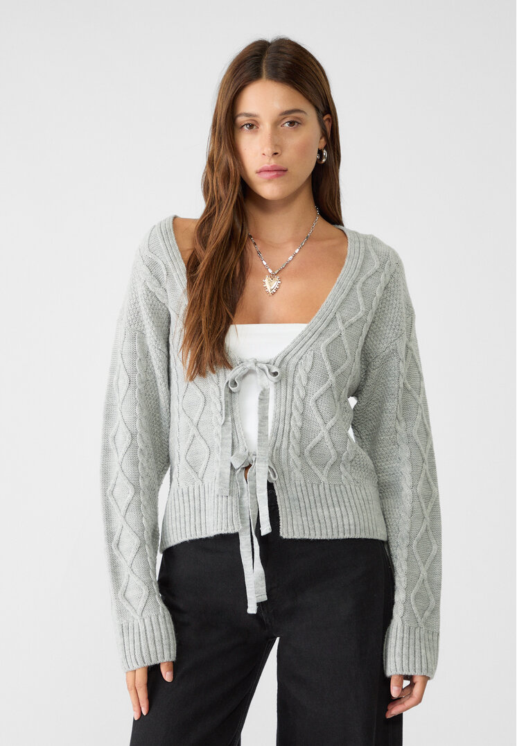 Stradivarius Jachetă Din Tricot Cu Torsade Și Funde Gris Amestec S