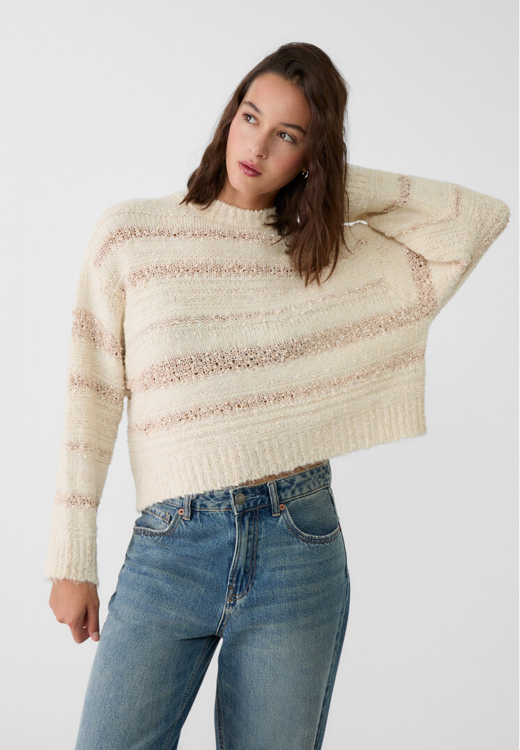 Stradivarius Pulover Din Tricot În Dungi Piatră L