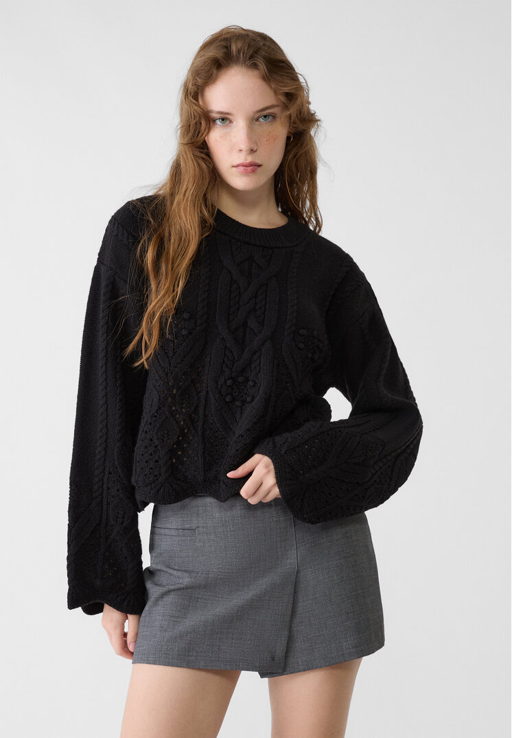 Stradivarius Pulover Din Tricot Ajurat Cu Torsade Negru M