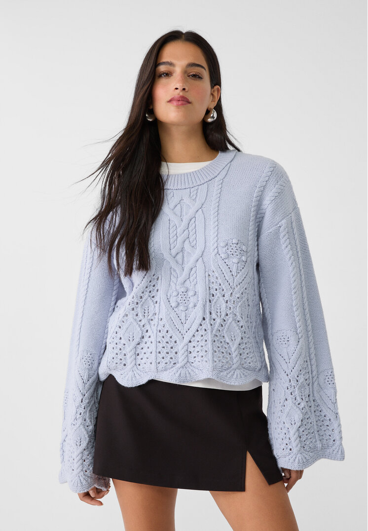 Stradivarius Pulover Din Tricot Ajurat Cu Torsade Azuriu M