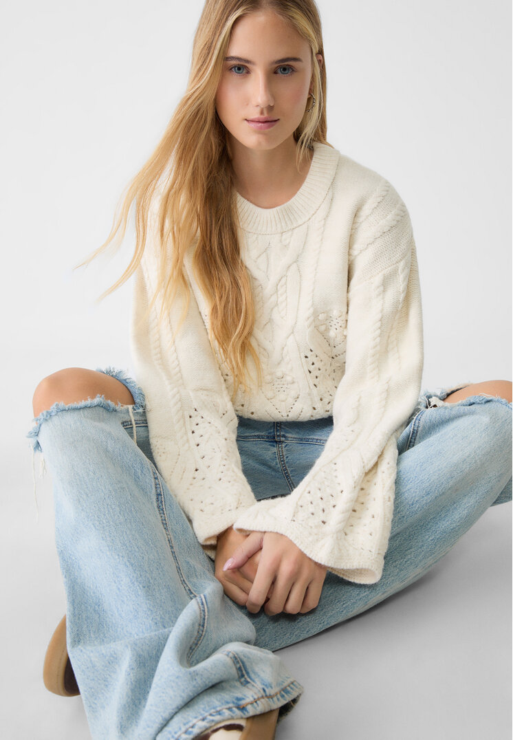 Stradivarius Pulover Din Tricot Ajurat Cu Torsade Piatră M