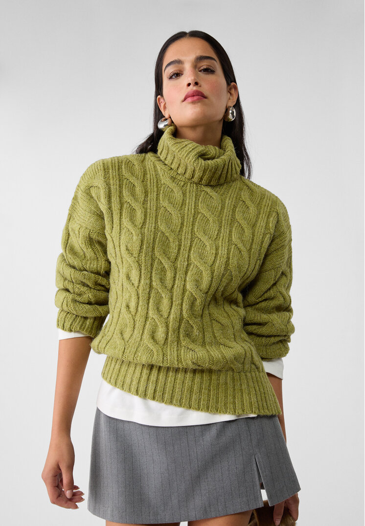 Stradivarius Pulover Din Tricot Cu Guler Întors Și Torsade Verdes Fistic L
