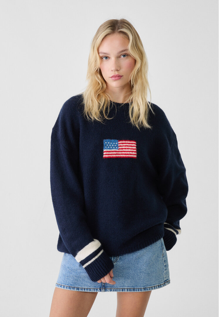 Stradivarius Pulover Din Tricot Cu Desen Bleumarin S
