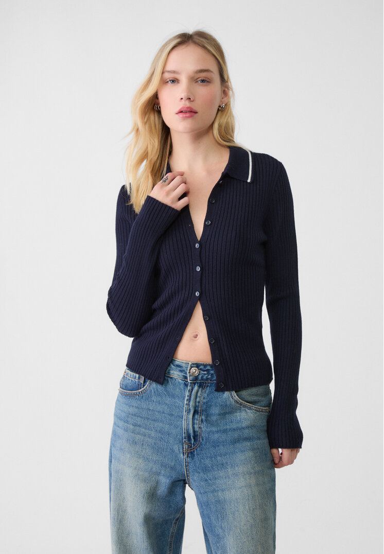 Stradivarius Jachetă Polo Din Tricot Cu Nasturi Bleumarin L