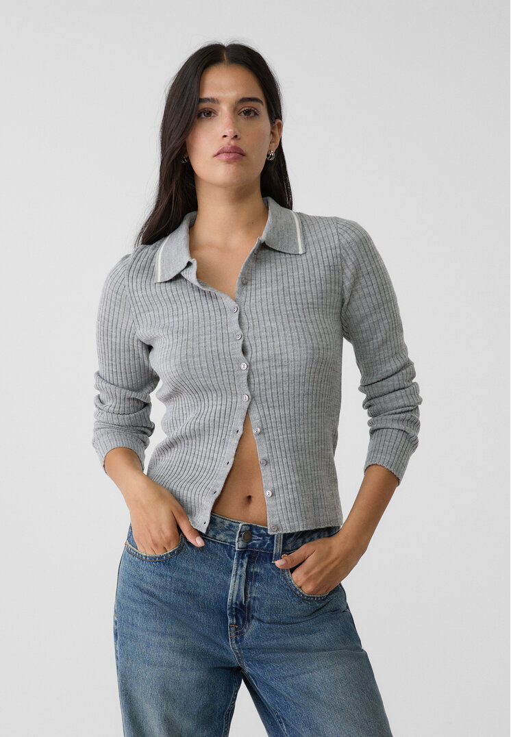Stradivarius Jachetă Polo Din Tricot Cu Nasturi Gris Amestec L