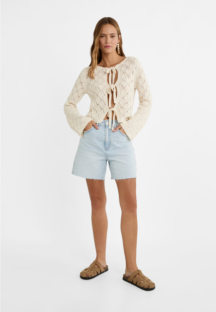 Stradivarius Jachetă Din Tricot Ajurat Cu Funde Vanilie S