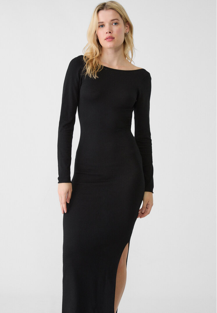 Stradivarius Rochie Lungă Din Tricot Cu Spatele Gol Negru L