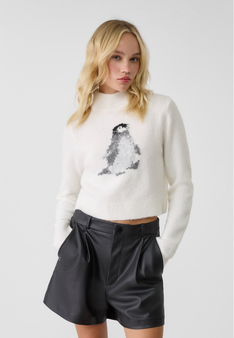 Stradivarius Pulover Din Tricot Pinguin Vanilie L