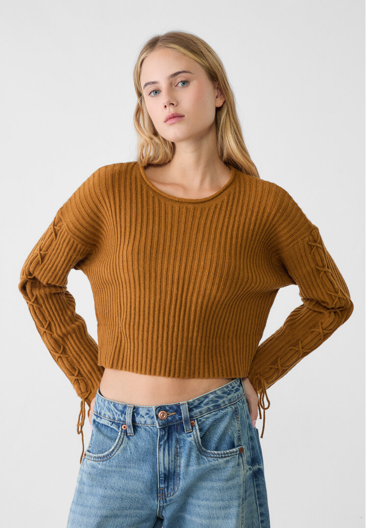 Stradivarius Pulover Din Tricot Cu Mâneci Și Șiret Ocru S